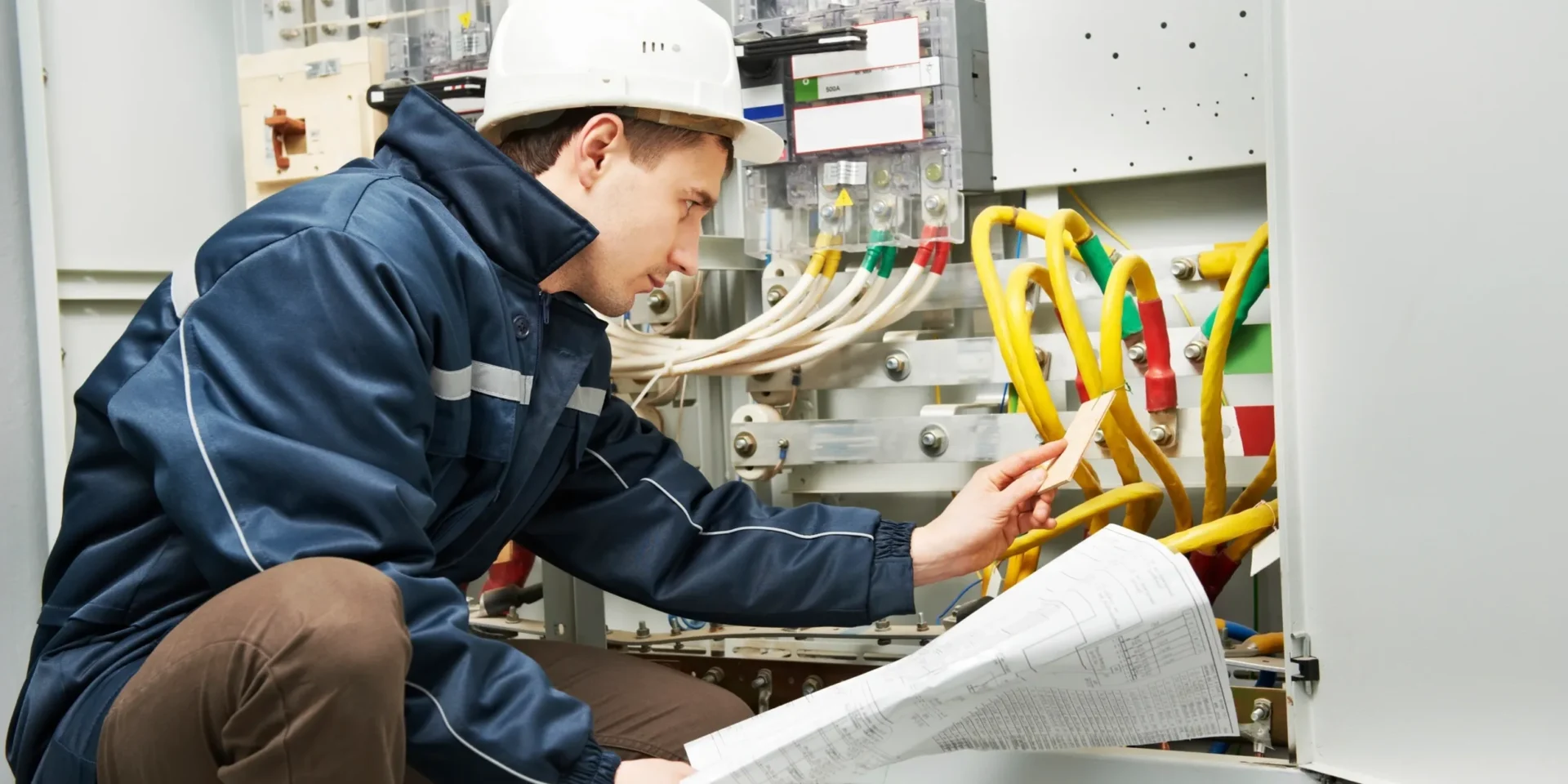 Electrician inspecting electrical wiring and controls in an industrial setting.
