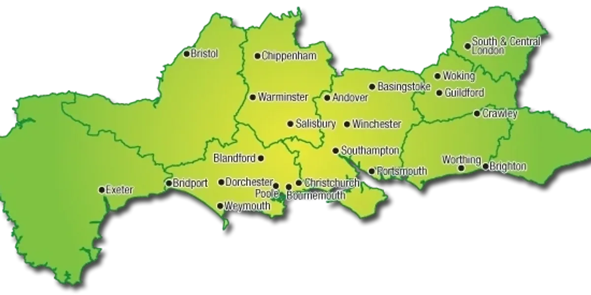 Map showing towns in Hampshire, England, with major roads and cities.