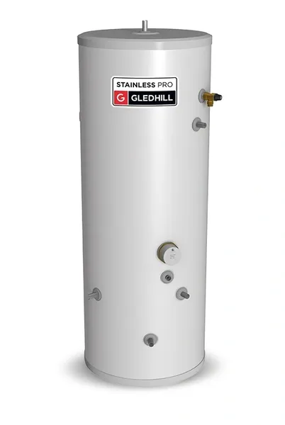 Tall white stainless steel water heater with multiple connection points.